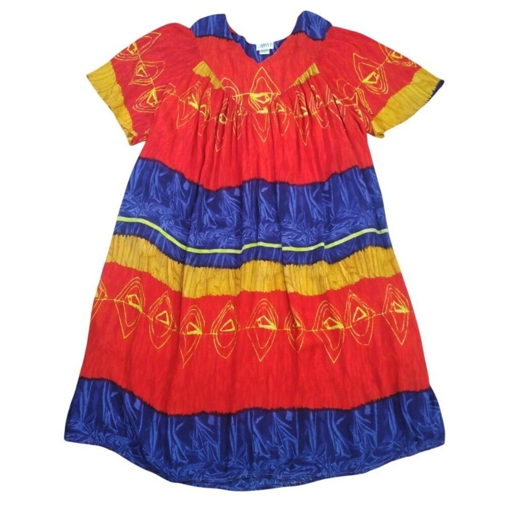Colorful Boho Geometric Dress Womens 1X Short Sleeve Ethnic Festival Dress.